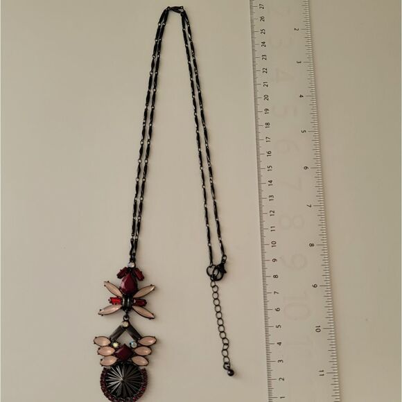 Necklace Gunmetal Tone Red Pink Geometric Necklace with Pendant #0087 - Picture 9 of 12